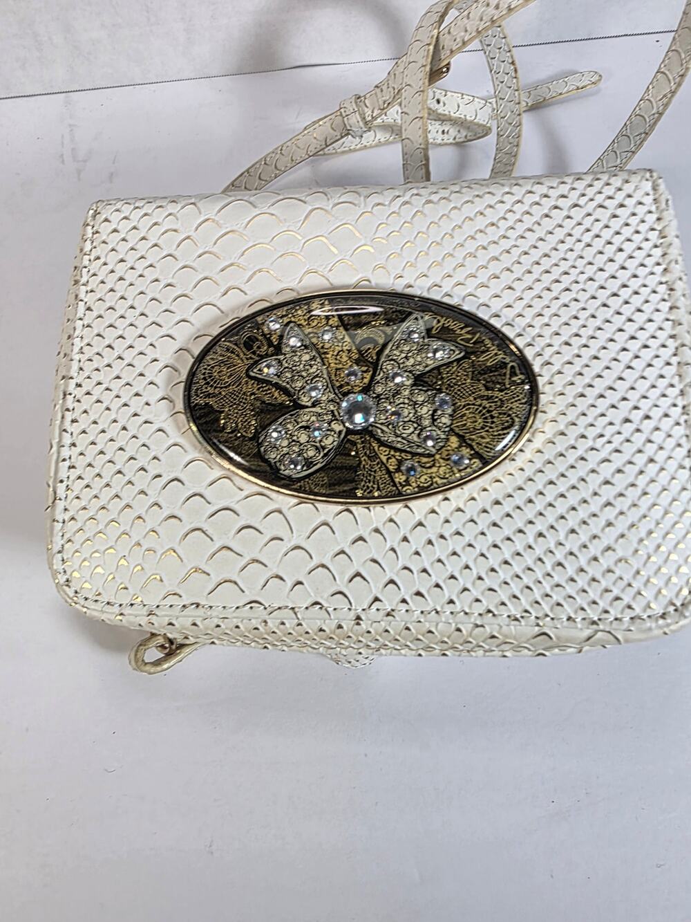 Debbie Brooks New York White Snakeskin Crossbody Bag Butterfly Medallion